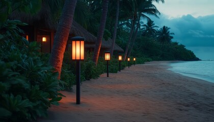 Wall Mural - Serene beach scene with glowing lanterns lining the shore at dusk.