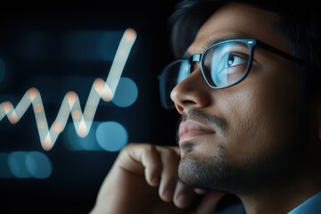 Poster - Thoughtful man looking at graph on screen, analyzing data trends and opportunities.