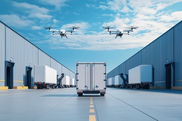 Trucks and drones in a modern logistics hub under a clear blue sky.