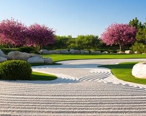 Canvas Print - Serene garden with pink trees and raked sand patterns.