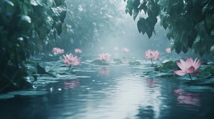Wall Mural - an empty scene featuring blank mockup template of a serene river with lotus flowers gently floating 