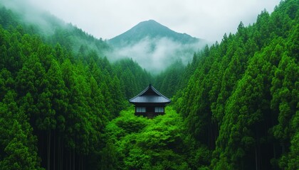 Wall Mural - Serene landscape featuring a traditional building amidst lush green trees and mountains.