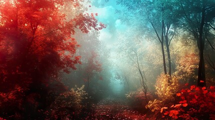 Poster - Enchanted Forest Path: Autumn Colors and Mist