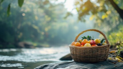 An empty scene featuring blank mockup template of a traditional bamboo basket filled with fruits and sweets placed beside a riverbank,