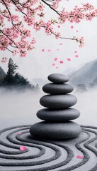 Wall Mural - Serene landscape with stacked stones and cherry blossoms.