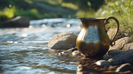 An empty scene featuring blank mockup template of a large brass pitcher overflowing with holy water, placed near a flowing river, 