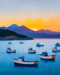 Wall Mural - Serene seascape at sunset with fishing boats and mountains in the background.