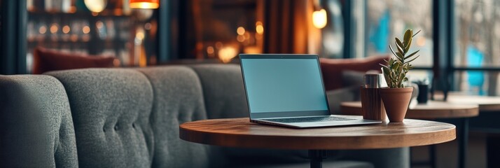 Poster - A laptop rests on a round wooden table next to a small plant, creating a warm atmosphere in the bustling café. Generative AI