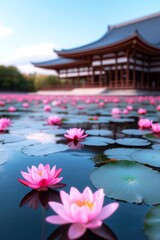 Wall Mural - Serene water lilies bloom in a tranquil pond near a traditional building.