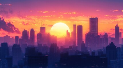 Poster - Vibrant Sunset Over City Skyline with Silhouette