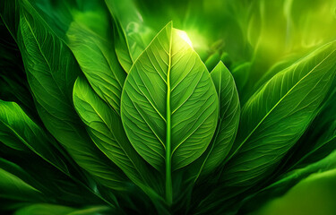 A close-up image of a green leaf, illuminated by sunlight, surrounded by other leaves.