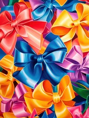 Poster - A playful arrangement of vivid ribbons and bows intersect elegantly, bringing a sense of celebration and cheerfulness. Generative AI