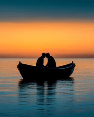 Poster - Silhouette of two people in a boat at sunset, sharing a romantic moment.