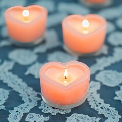 Poster - Soft pink heart-shaped candles glowing on a lace tablecloth.