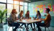 © abu - A diverse team brainstorms in a bright glass office, showcasing creativity and collaboration.