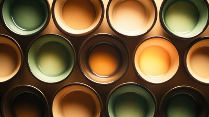 Poster - The warm brown and green tea cups are neatly arranged in a circular pattern, creating a welcoming atmosphere for tea enthusiasts. Generative AI