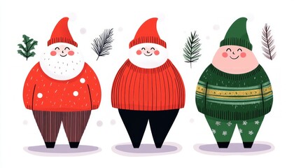 Poster - Three cheerful cartoon figures in festive attire with holiday elements.