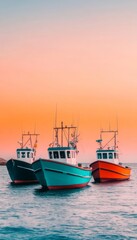 Wall Mural - Three colorful fishing boats anchored at sunset over calm waters.