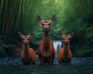 Canvas Print - Three deer standing in a serene forest setting near a waterfall.