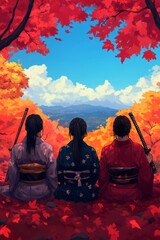 Wall Mural - Three figures in traditional attire sit among vibrant autumn foliage, gazing at nature.