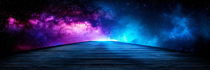 Wall Mural - stunning cosmic landscape featuring vibrant galaxy with shades of pink, purple, and blue illuminating wooden pathway leading into universe. scene evokes sense of wonder and exploration