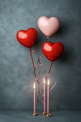 Poster - Three heart-shaped balloons and candles on a textured background.