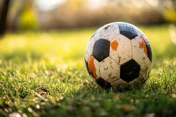 Close Up of a Worn Soccer Ball on Grass