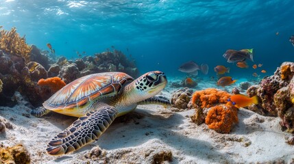 Poster - Colorful Sea Turtle Swimming Underwater in Coral Reef