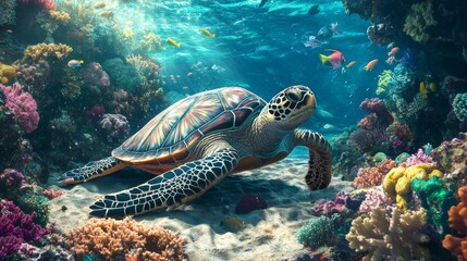 Poster - Colorful Sea Turtle Swimming in Coral Reef