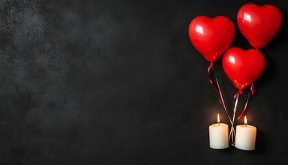 Wall Mural - Three red heart-shaped balloons with candles on a dark background.