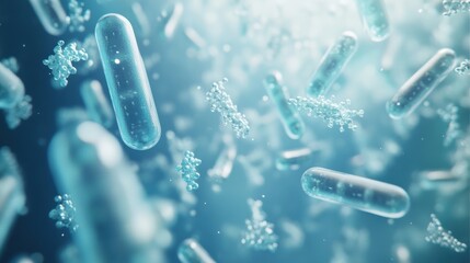 Poster - a detailed exploration of bacteria and various molecules floating in a blue environment, showcasing 