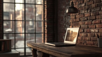 Aufkleber - A laptop rests on a rustic wooden desk in a warmly lit room, showcasing a creative workspace filled with character and charm. Generative AI