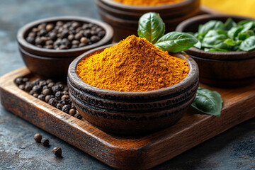 Spices and herbs arranged on a wooden serving tray, showcasing vibrant yellow turmeric powder in a rustic bowl, surrounded by smaller bowls of coriander seeds and leaf sprigs....