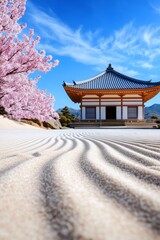 Wall Mural - Tranquil Japanese temple with cherry blossoms and raked sand garden.