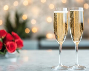 Sticker - Two champagne glasses with bubbles beside red roses and a blurred background.