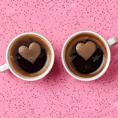 Poster - Two cups of coffee with heart-shaped foam on a pink background.