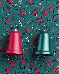 Poster - Two decorative bells on a festive background with colorful stars and confetti.