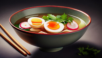 A bowl of ramen with noodles, egg, mushrooms, radish, and broth