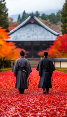 Wall Mural - Two figures in traditional attire walking on a path of red leaves.