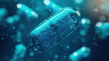 Poster - A clear capsule filled with tiny particles floats peacefully in a vivid blue setting, showcasing microscopic elements in motion. Generative AI