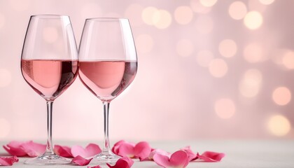 Canvas Print - Two glasses of pink wine with rose petals on a soft background.