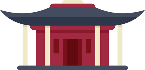 Poster - simple vector illustration featuring a traditional asian building with a curved roof, columns, and r
