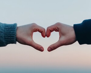 Sticker - Two hands forming a heart shape against a soft sunset background.