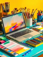 Poster - An organized desk features a laptop displaying colorful artwork, surrounded by various art supplies in a bright, cheerful environment. Generative AI