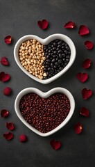 Two heart-shaped bowls filled with various beans and surrounded by rose petals.