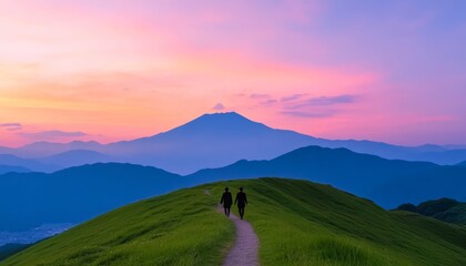 Wall Mural - Two people walking on a grassy path with a mountain backdrop at sunset.