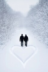 Canvas Print - Two people walking hand in hand on a snowy path with a heart shape in the snow.