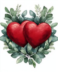 Wall Mural - Two red hearts surrounded by green leaves, symbolizing love and affection.