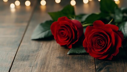 Wall Mural - Two red roses on a wooden surface with soft glowing lights in the background.