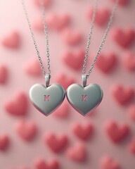 Wall Mural - Two silver heart-shaped pendants with initials on a pink heart background.